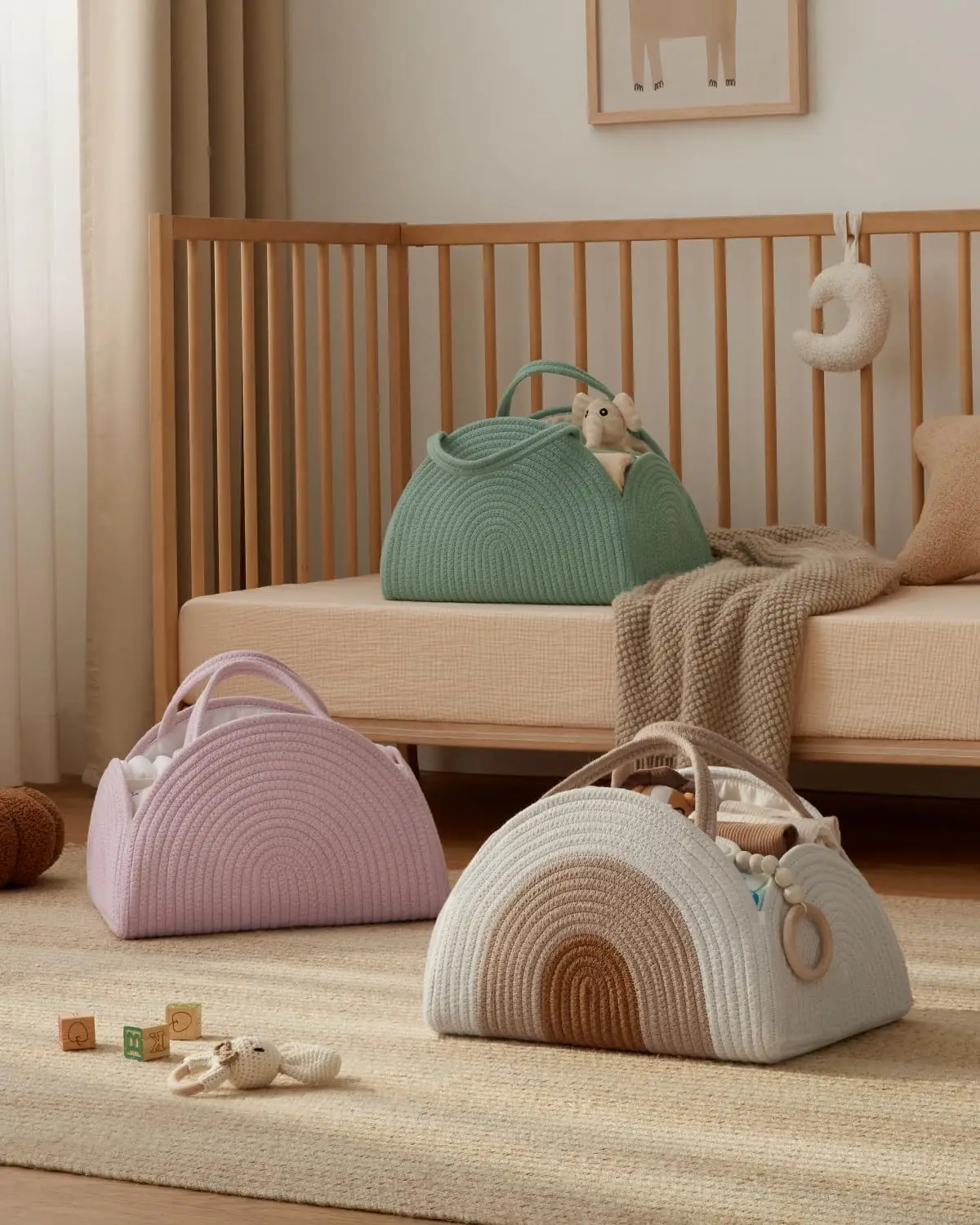 Large Baby Shower Caddy Newborn Essentials Basket Cotton Rope Baby Diaper Caddy Organizer