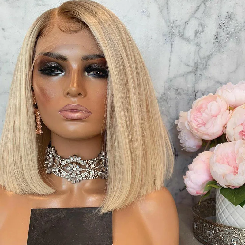 613 Bob Lace Front Human Hair Wig Pre Plucked Brown Roots Blonde Pixie Cut Short Bob Wig for Woman