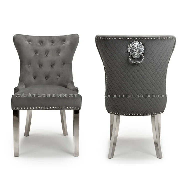 silver stainless steel legs leather grey velvet tufted pattern back dining chairs with lion knocker back