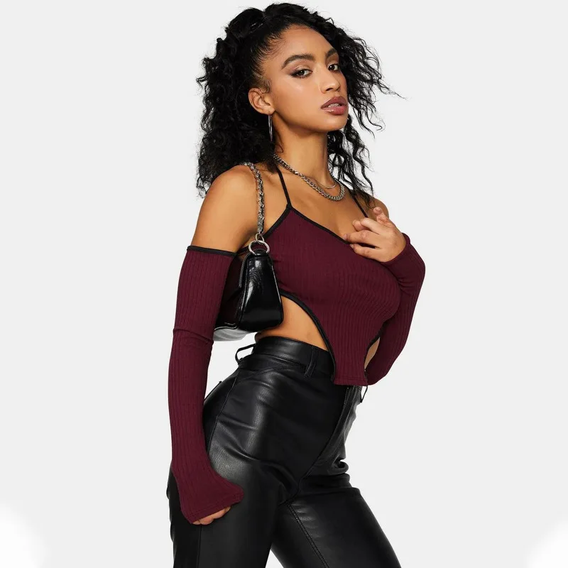 
Long sleeve vest with straps and neck straps Hot girl street style tops Solid color crop tops 