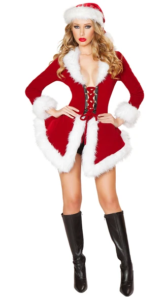 New Christmas Costumes For Women Red long sleeve Fur Velvet Santa Claus Xmas Outfit Sexy Christmas Fancy Dress with hat