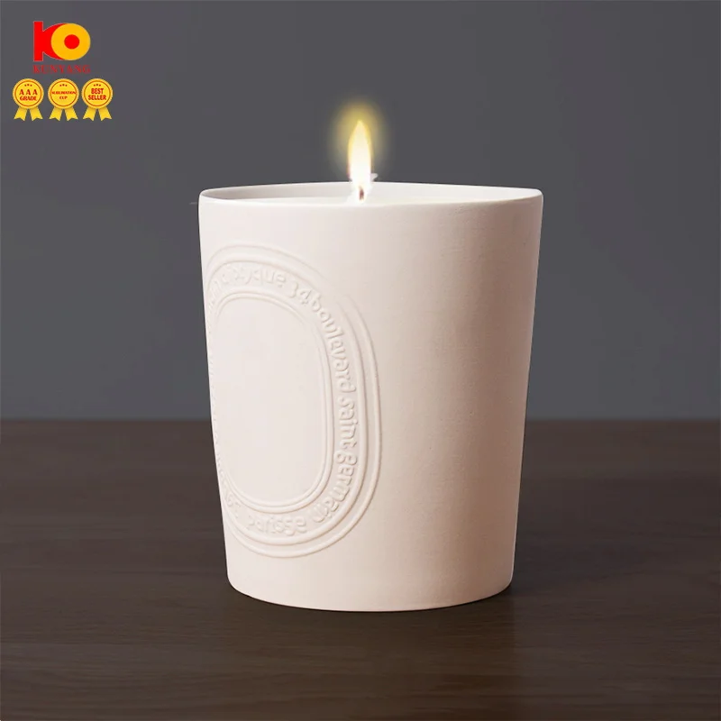 Factory wholesale  custom logo ceramic embossed candle jar holder ceramic candlestick for home decoration