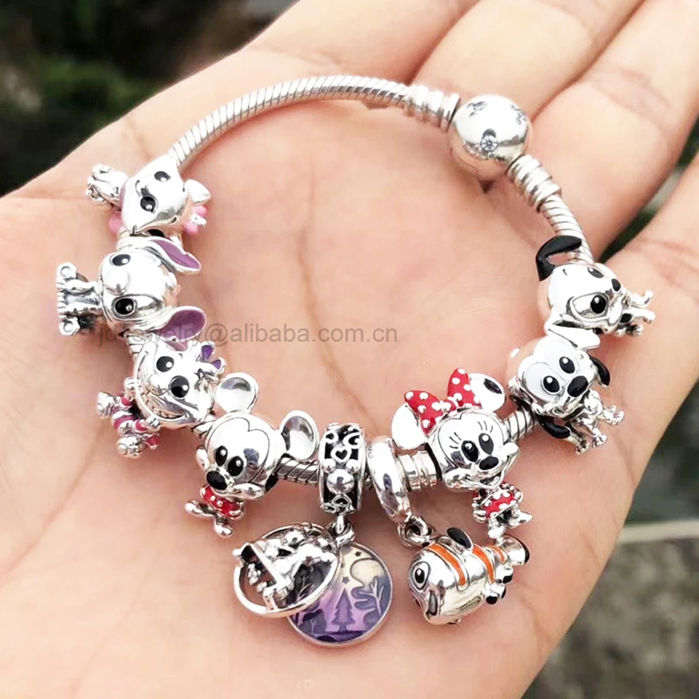 S925 Sterling Sliver Cute Lilo And Stitch Fit Pandor DIY Charms Bracelet Mickey Minnie Mouse Marie Cat For Women Jewelry Gift