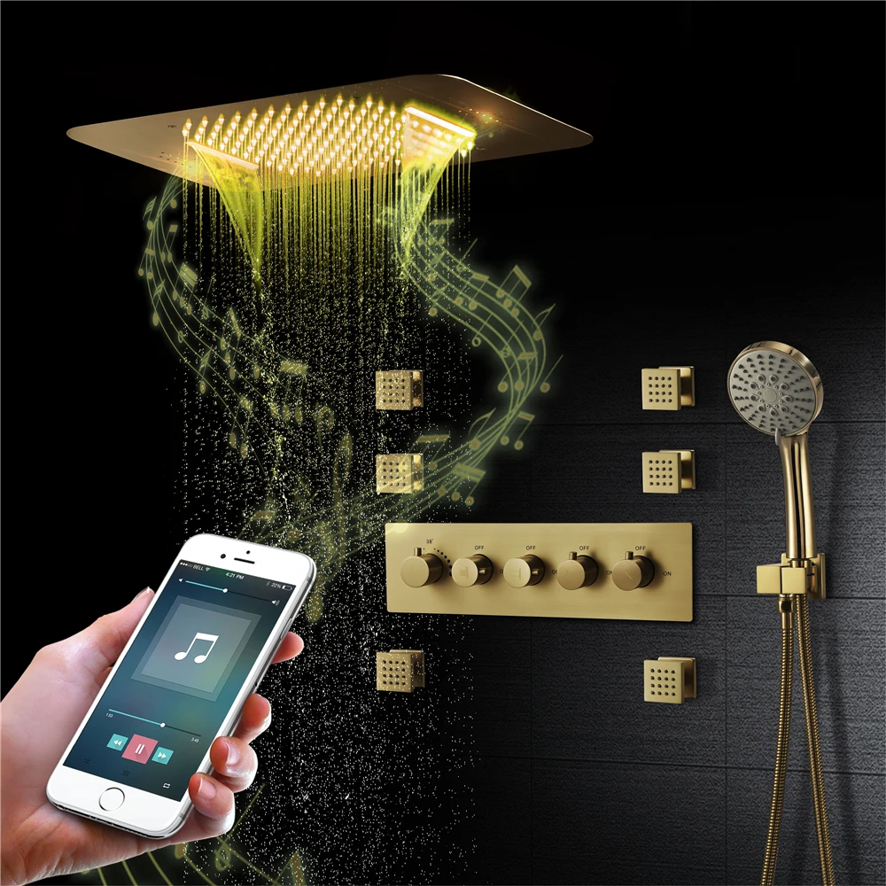 Brushed gold Music LED Rain Shower Head System  Rainfall shower system Bathroom shower faucet with Thermostatic Mixer Valve