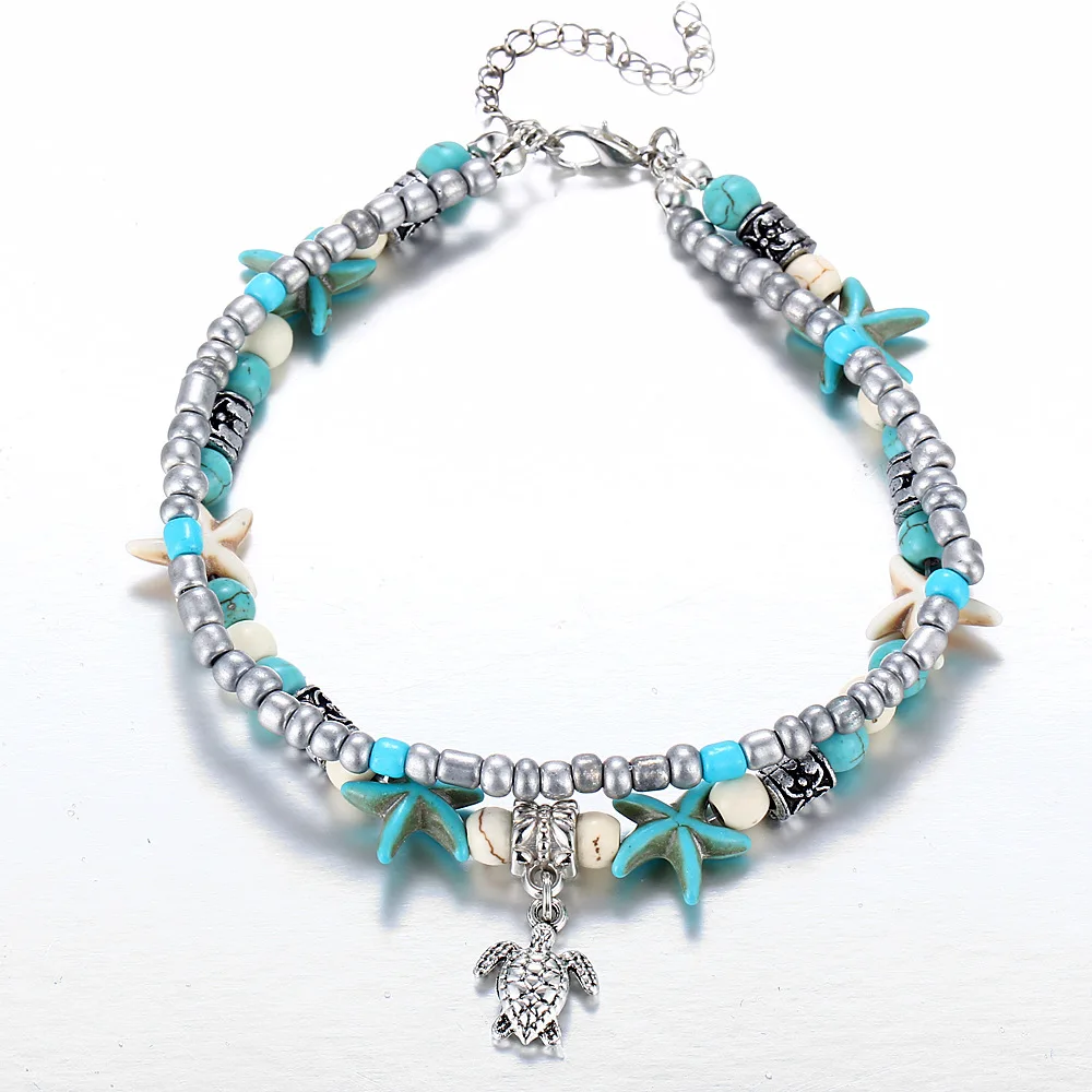 Fashion Vintage Bohemian Bead Multi Layer Foot Jewelry Anklet Shell Blue Starfish Turquoise Anklet For Women