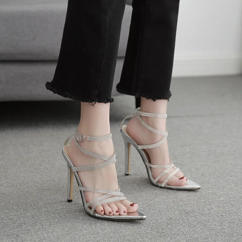 CSS184 2020 Europe and the United States new transparent cross belt luxury rhinestone pointed high-heeled sandals