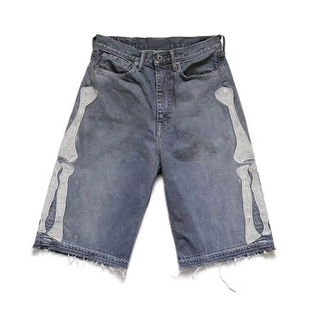 Topshow High Quality Men Cowboy Knee Length 100% Algodon Distressed Washed Raw Hem Denim Ripped Jeans Shorts Jorts