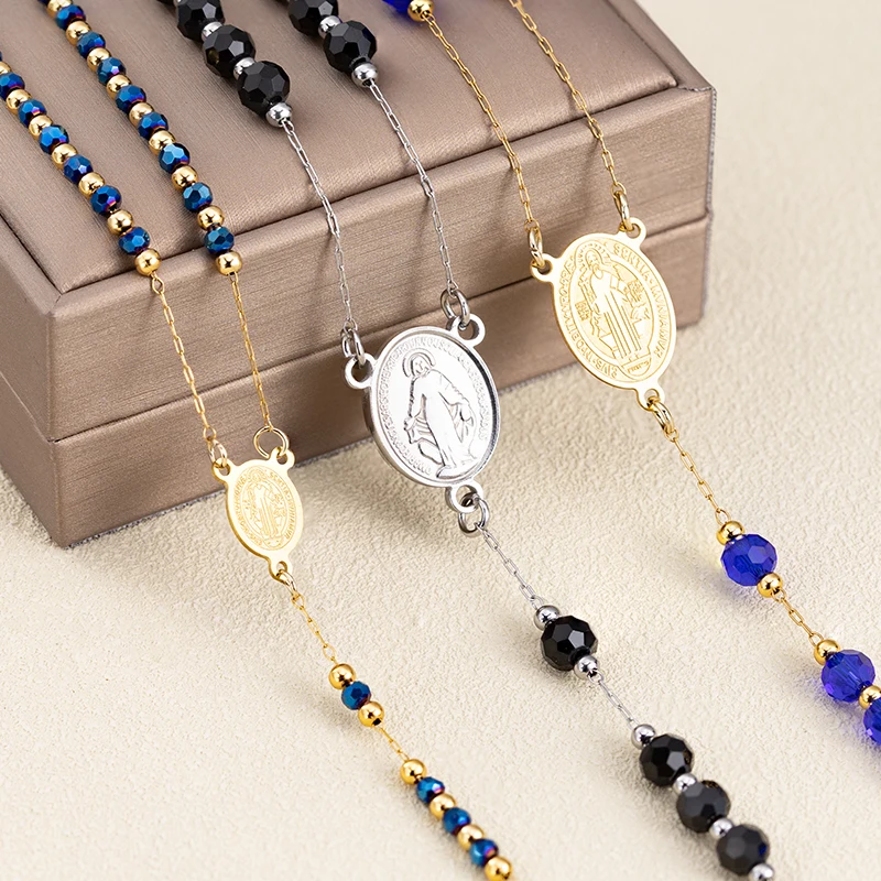 Stainless Steel Necklace with Blue Black Crystal Beads Chain Catholic Rosary Virgin Cross  Perfect Gift Christians Jewelry