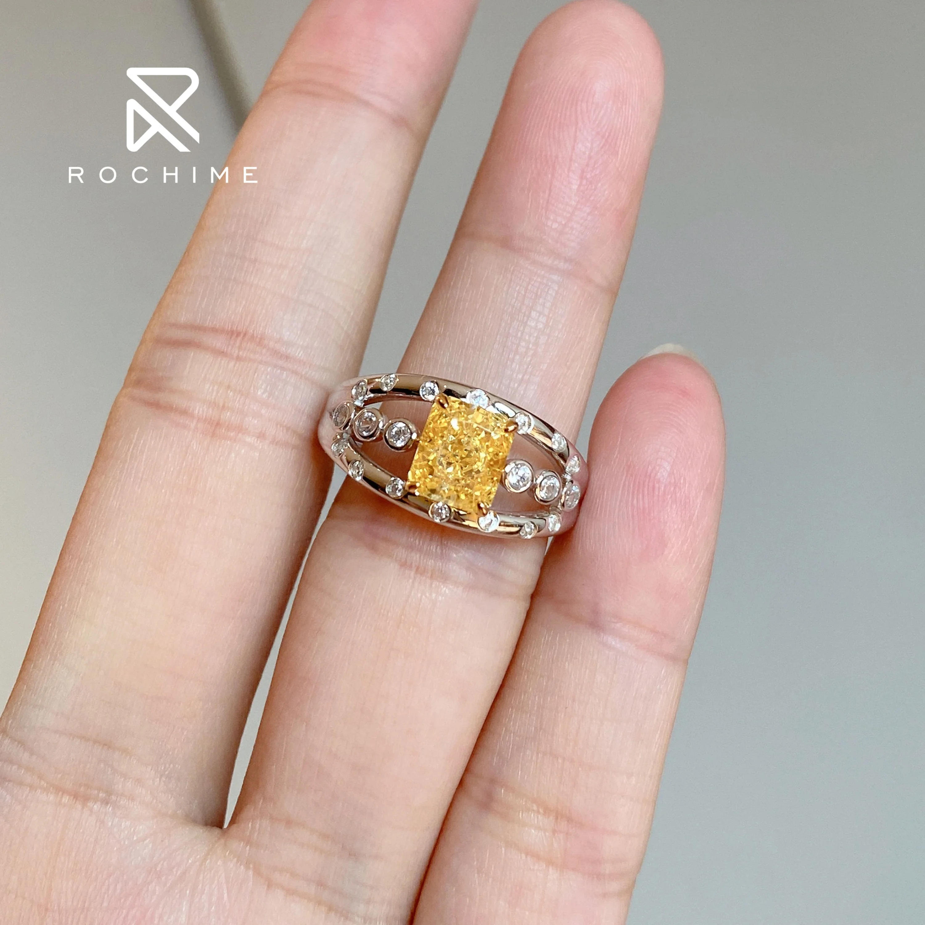 Rochime star shine yellow diamond ring 925 sterling silver gold plated cubic zirconia rings for women