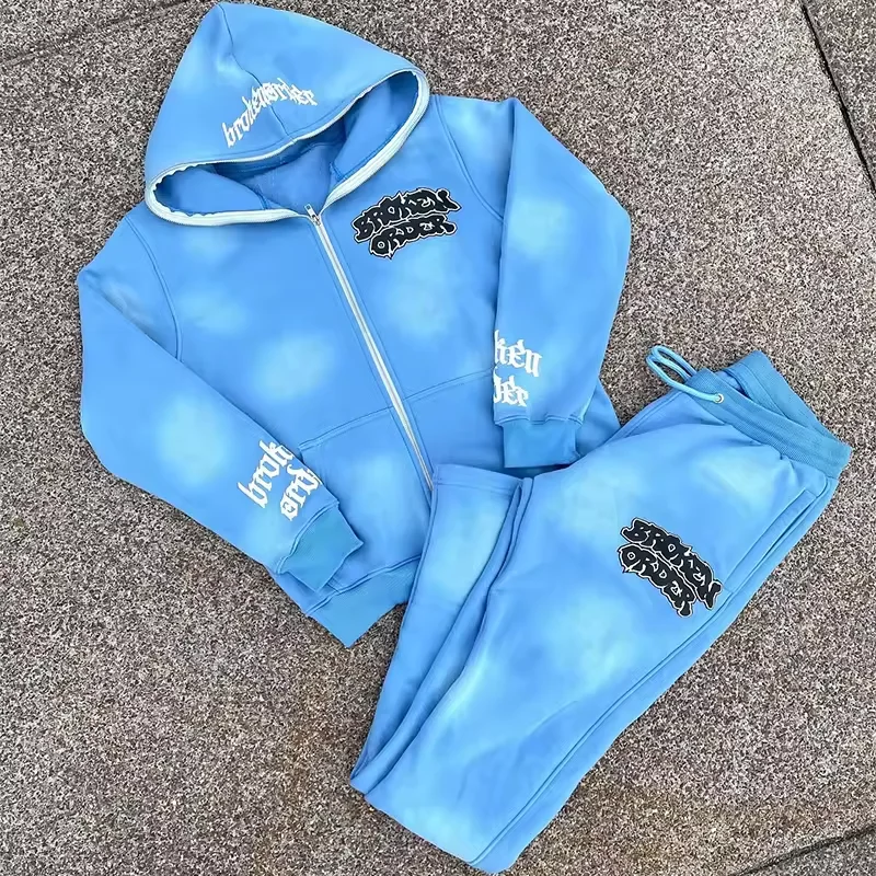 Custom Chenille Embroidery 3D Puff Printing Full Zip Up Hoodie Set Sweatsuit Cotton Sun Faded Towel Embroidery Unisex Tracksuit