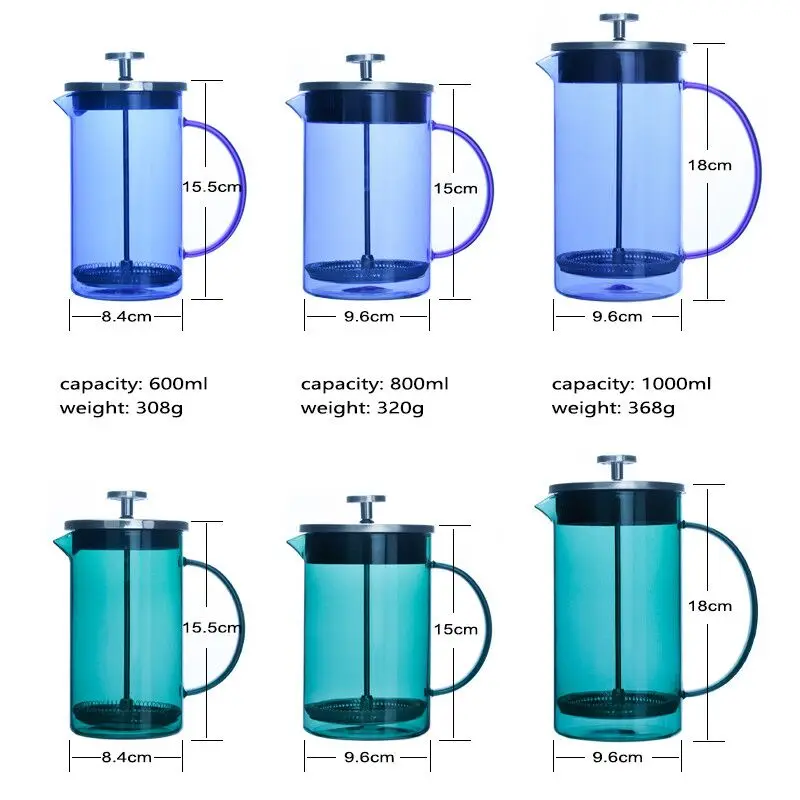 Wholesale Amber/ Blue/ Green High-Capacity  borosilicate 350ml french press