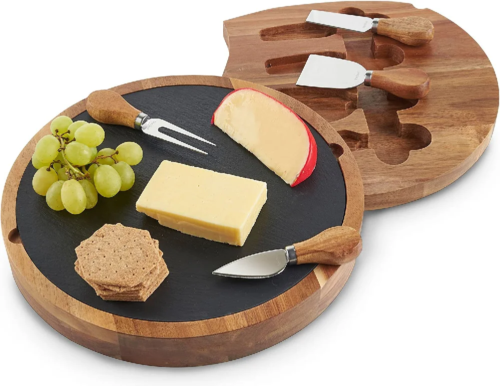 2021 Hot selling Acacia Bamboo Cheese Board Set With Cutlery In Slide-Out Drawer and knife set Round