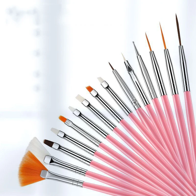 Professional 15pcs/set Fine Nylon Acrylic Nail Art Paint Brush Crystal Handle Fiber Striping Brushes for Drawing Lines on Nails