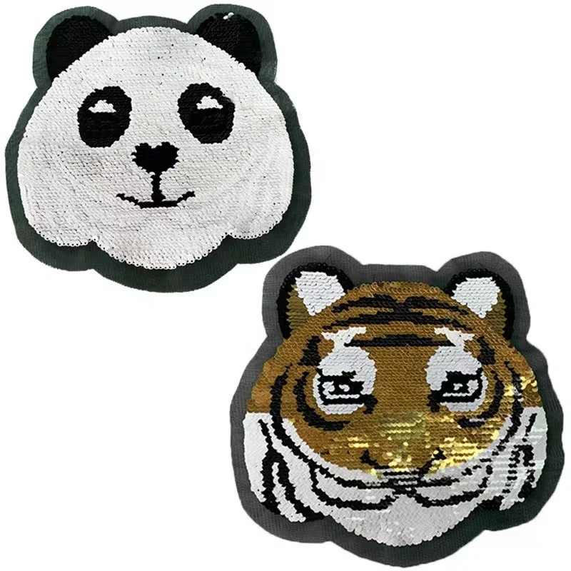 Custom High Quality Tiger Sequin Patch Embroidery Sew On Flip Reversible Sequin Patches Iron On For Clothing