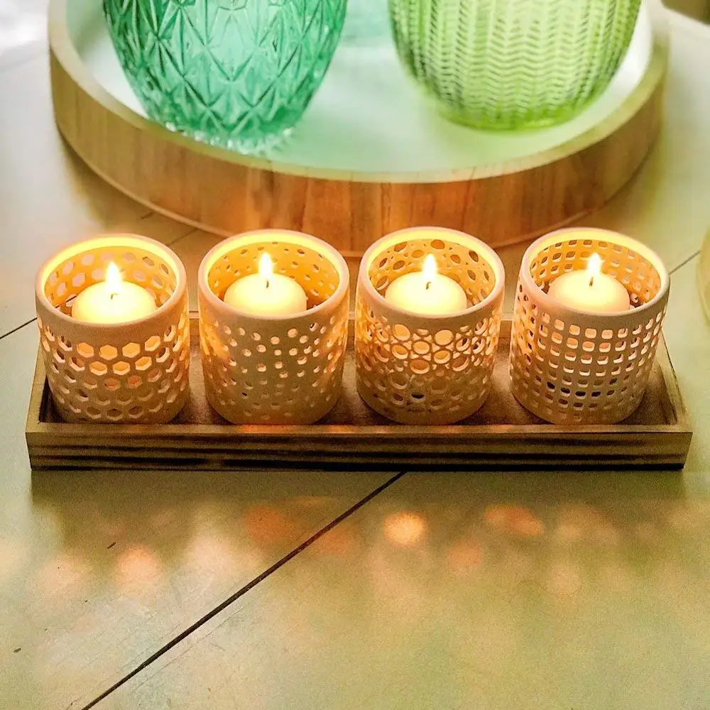 Белые керамические подсвечники естественный современный ветровой светильник коллекция на подносе набор из 5 фарфор зернистое дерево 