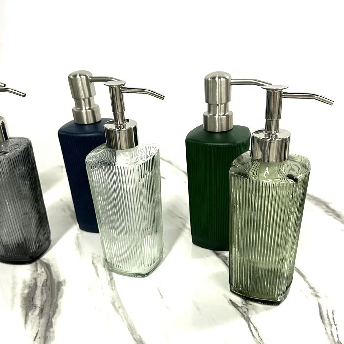Bathroom clear green blue  glass shampoo bottles lotion soap Liquid Soap Dispenser bottles with stainless steel  pump