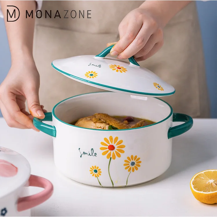  MONAZONE Ceramic Soup Bowl with Lid Grips Under Glazed Peach Leaf Floral Pattern for Gratin Salad Oven Bakeware