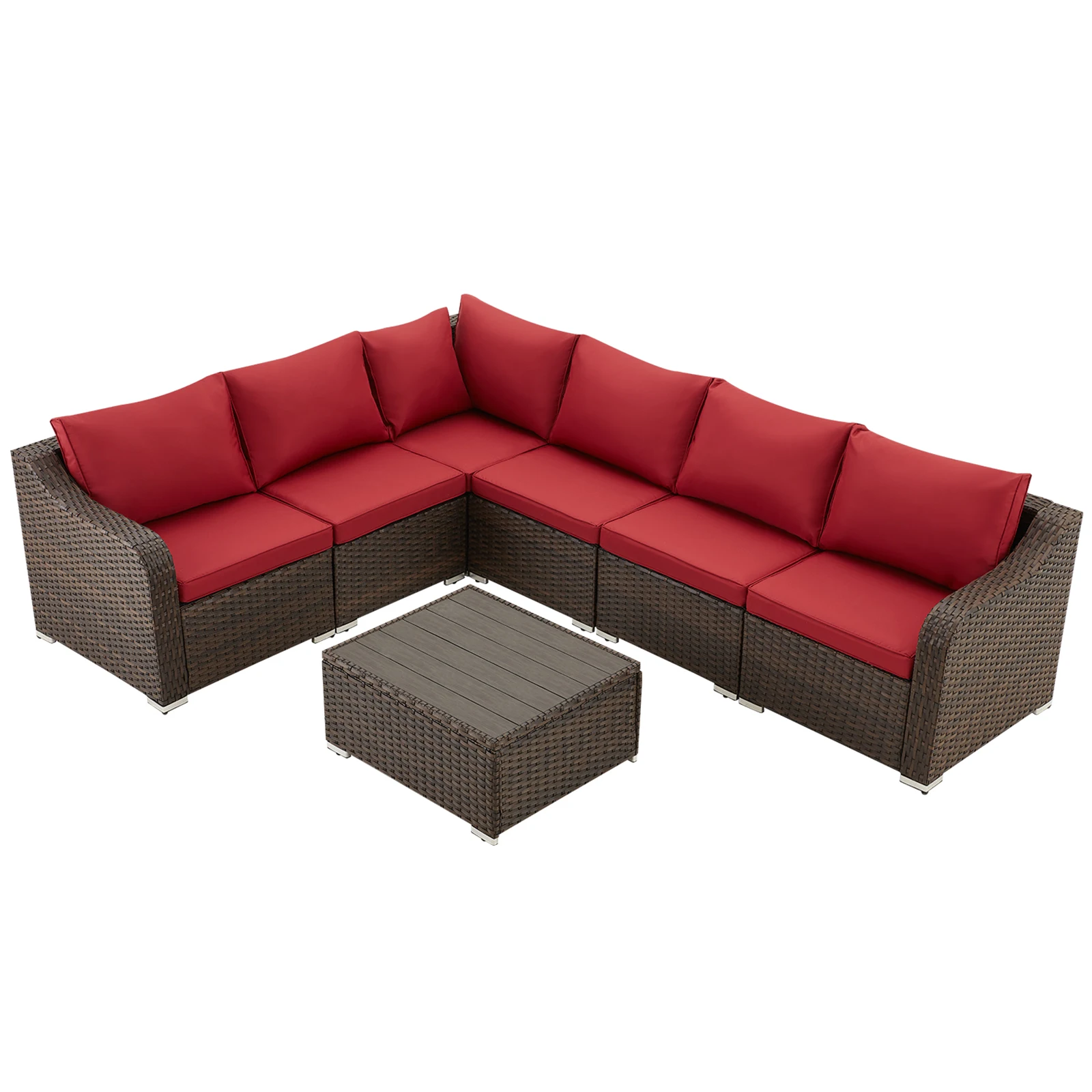 7-Pieces Patio Furniture Sets, Rattan Wicker Outdoor Conversation Sofa Set with Coffee Table & Thick Cushion (Wine Red)