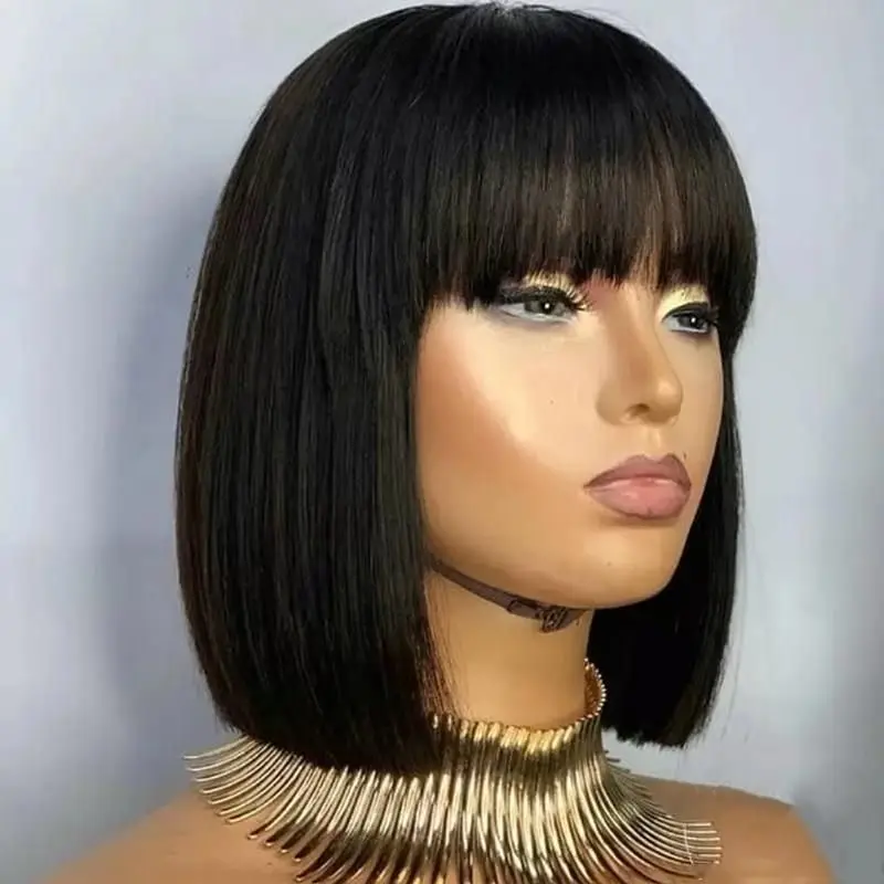 Natural Straight Short BOb Wigs With Bangs Vendors Brazilian Human Hair Wig Bulk Virgin Remy Machine Made Cheap Wigs