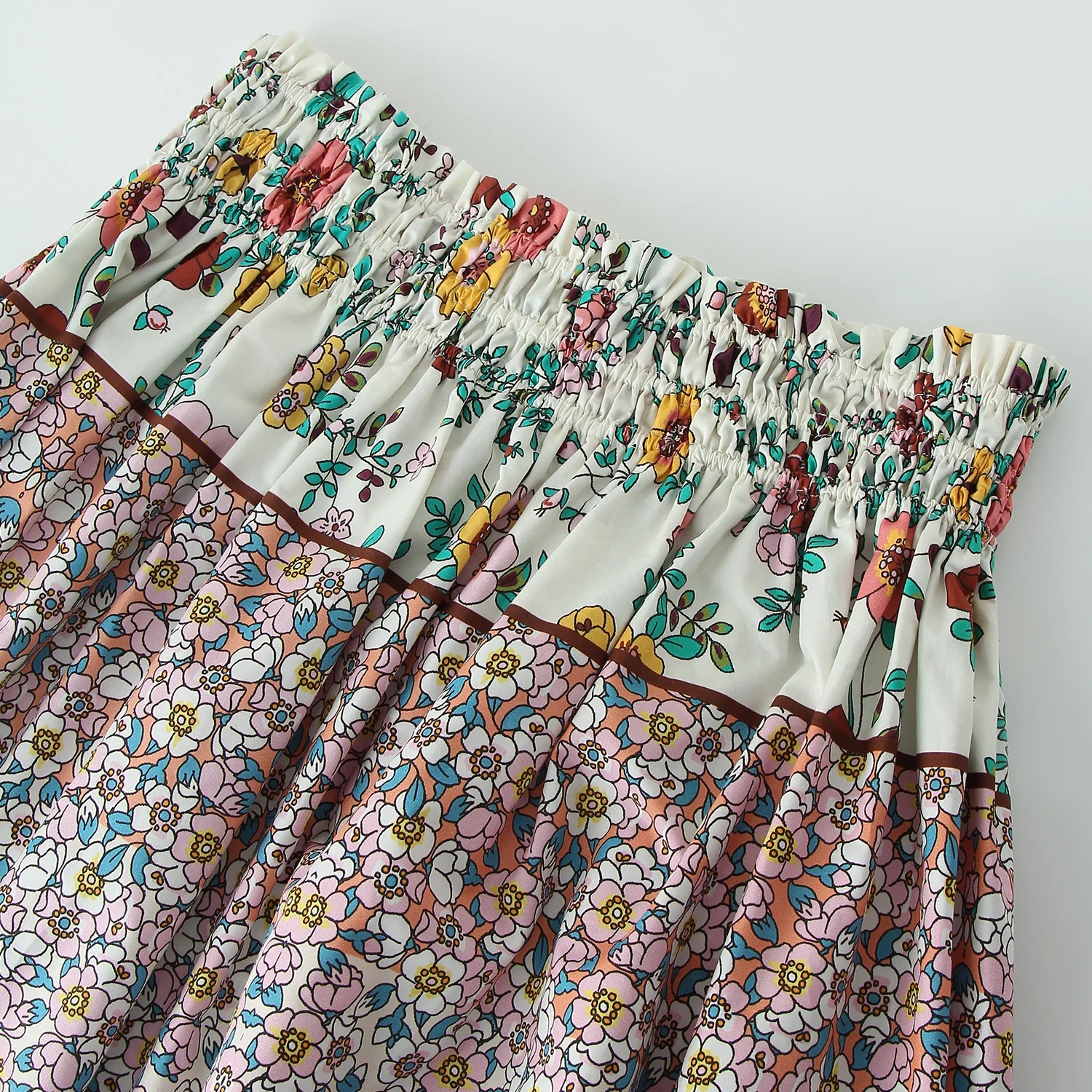 Green Hawaiian Clothing Elastic Ruched Waist Tiered Print Skirt Stretch Chic Boho Floral Print Pacific Island Maxi Skirt Women