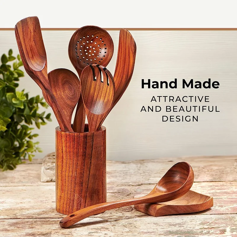 Teak Wood Spoons and Spatula Nonstick Natural Kitchen Cookware Wooden Utensils set for Cooking with Holder