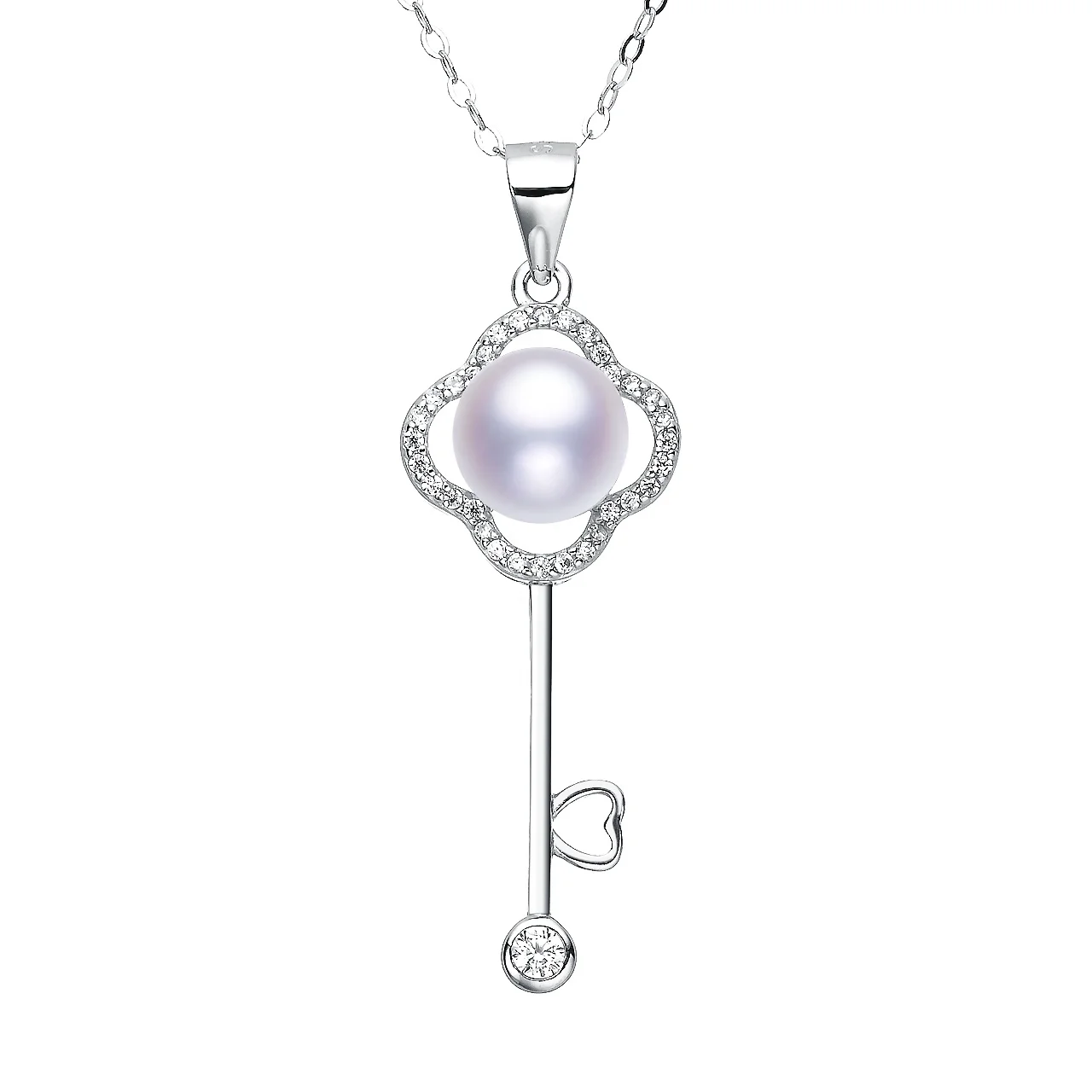 Guaranteed Quality Unique Lock and  Large Key Pendant Necklace Key Chain Natural White Pearl Necklaces 925 Sterling Silver Women