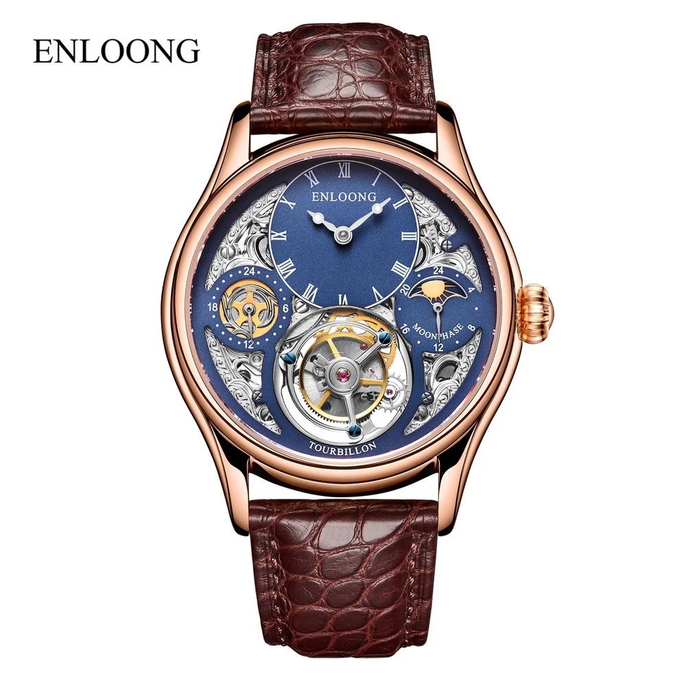 ENLOONG  Private Label Gold GMT Luxury Moon Phase Antique Skeleton Tourbillon Mechanical Watch