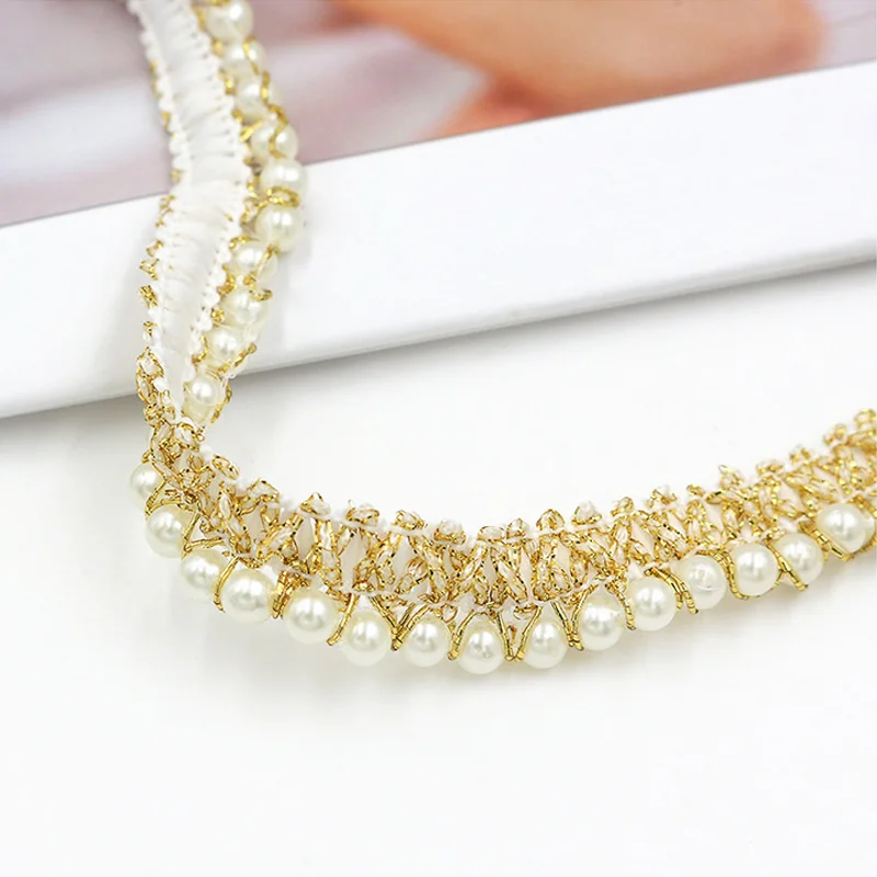 Cheap diy accessories 15mm wide gold curtain fabric lace decoration clothing sewing pearl beaded braided lace trim for costume