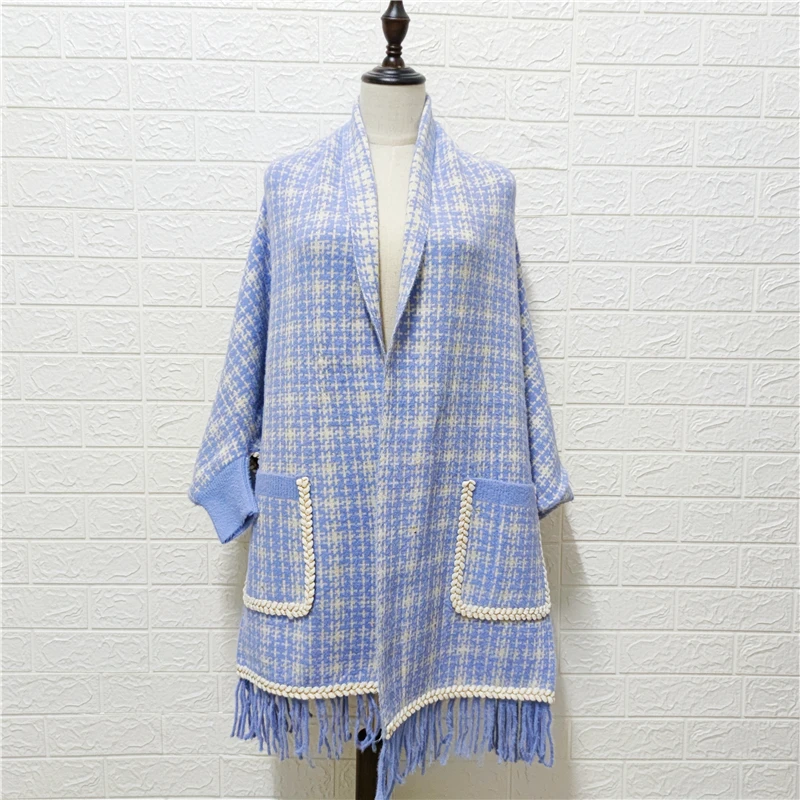2022 New Luxury mink cashmere pocket Small Lattice tassel scarf winter warm cloak women Poncho shawl