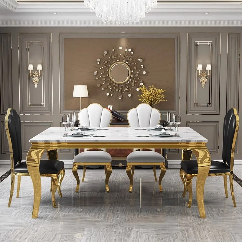 Home Kitchen Dining Room Hotel Cafe Restaurant Rectangle Stainless Steel Leg Marble Stone Top 4 Dinning Table And Chairs Set