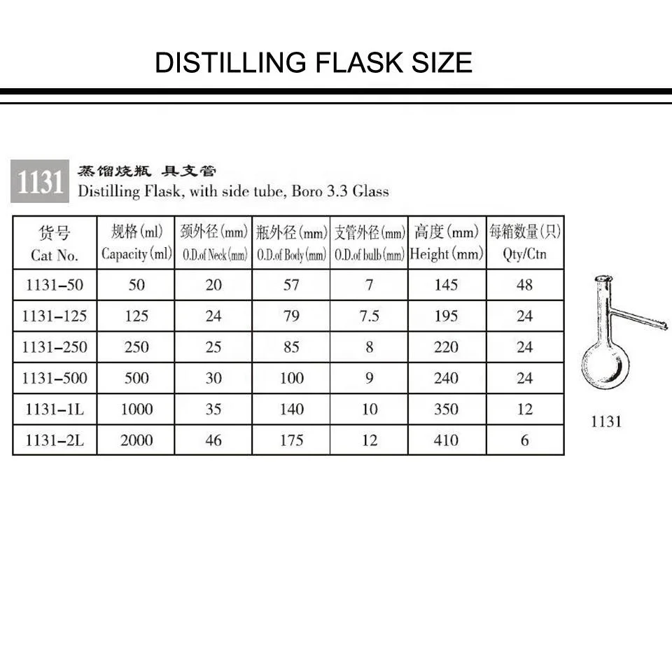 Lab Glassware Distilling Flask with side tube Boro 3.3 Glass Chemistry Labware Distilling Flask