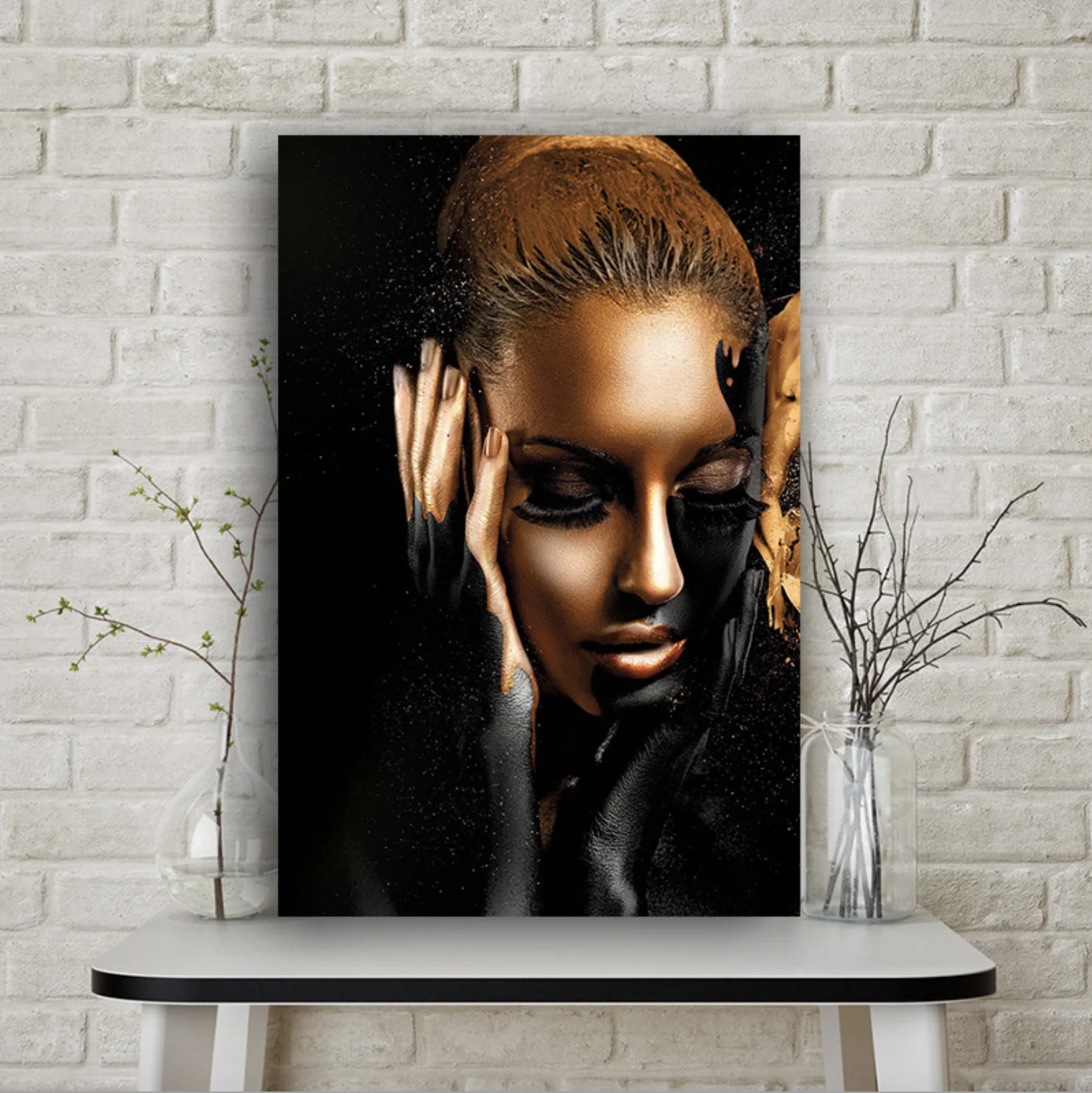 Gold African Woman Fashion Figure Canvas Painting Contemporary Printed Wall Art for SPA Decoration