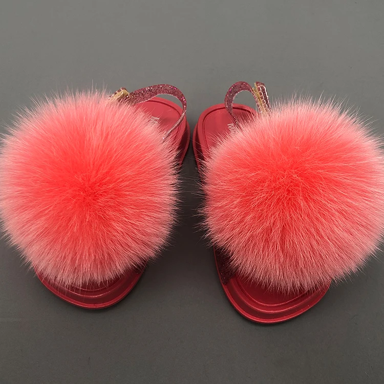 
Detachable big fluffy pom ball fox fur slides for toddlers kids with strap 