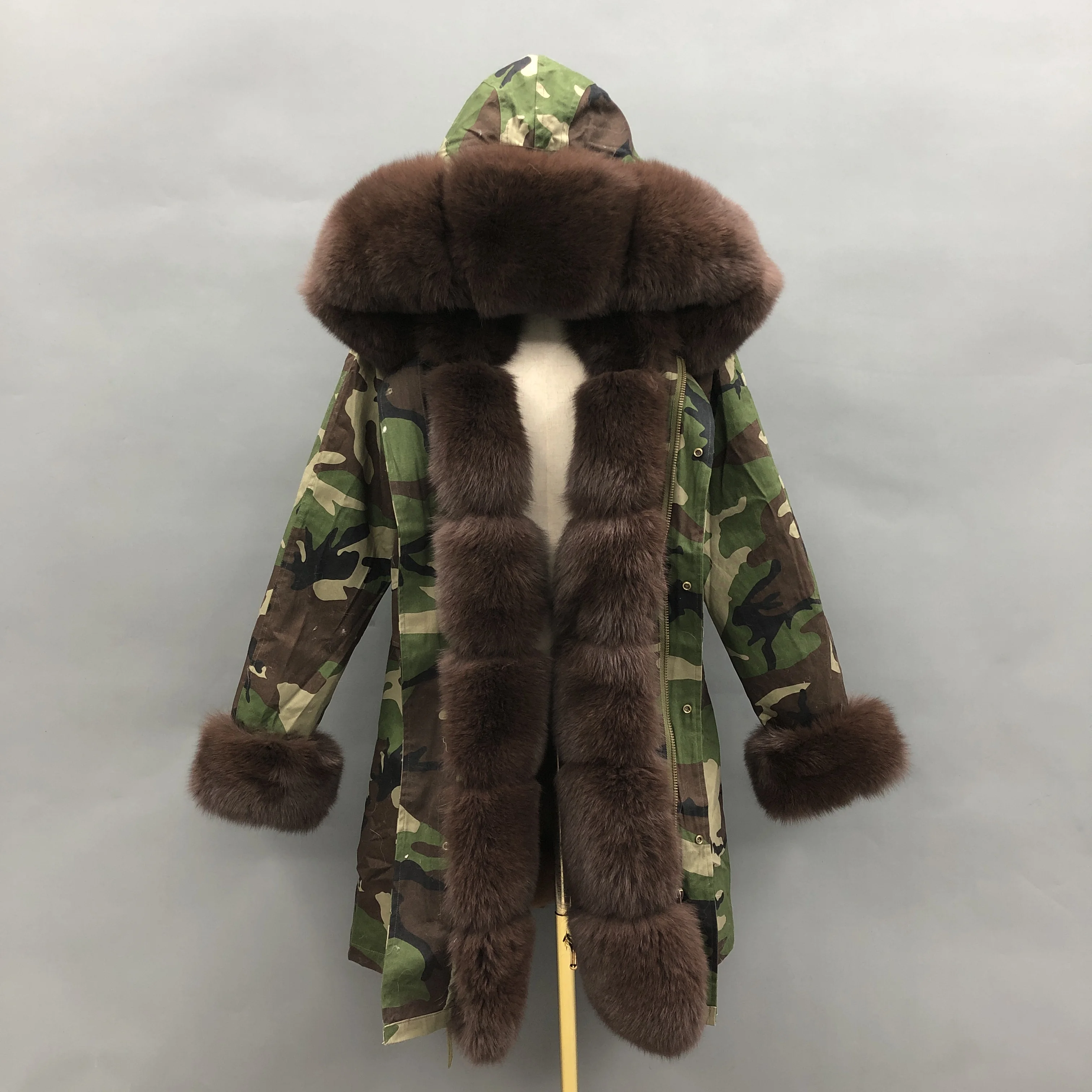 Oversized real fox fur inner liner and collar detachable fox placket camo long coat for women parka