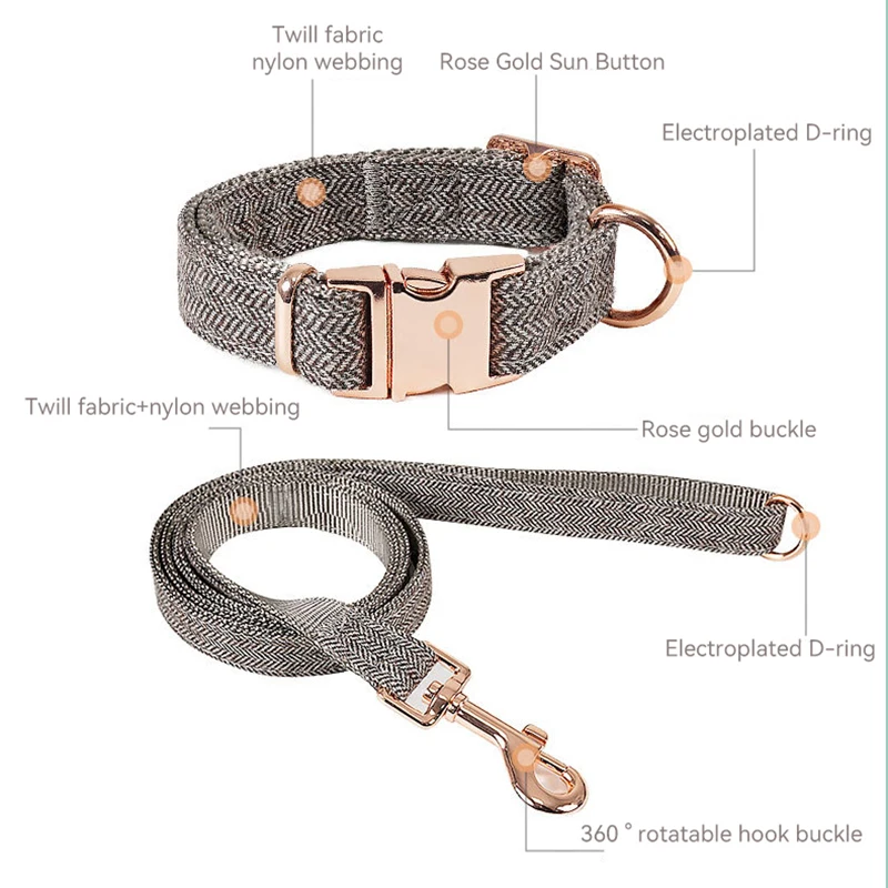 Cross-border hot pet collar leash twill wear-resistant tension dog leash rose gold dog collar dog leash