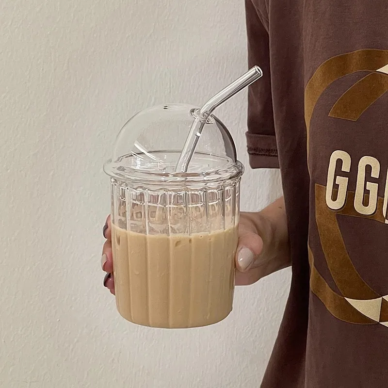 56H Simple Striped Glass Straw Mug with Lid Juice Bubble Mug Heat Resistant Coffee Mugs