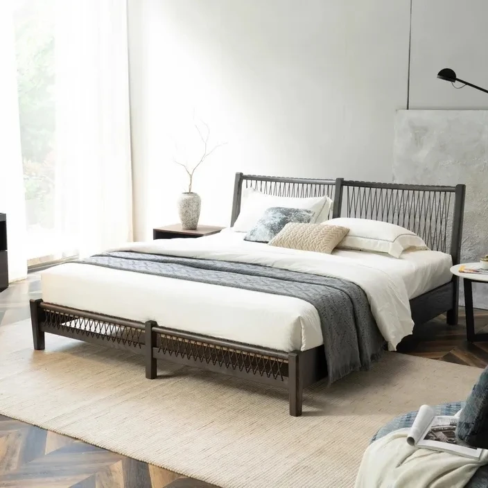 Tropical North American Ash Wood Frame Waxed Cording Solid Wood Slat Bedroom King Size Queen Size Bed