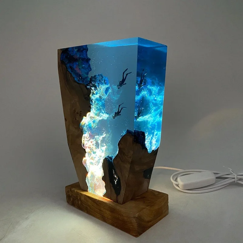 Novelty 2025 Creative Design Epoxy Resin Wood Lamp LED Gift Night Light Blue Diver and Whale Home Decoration Table Lamp