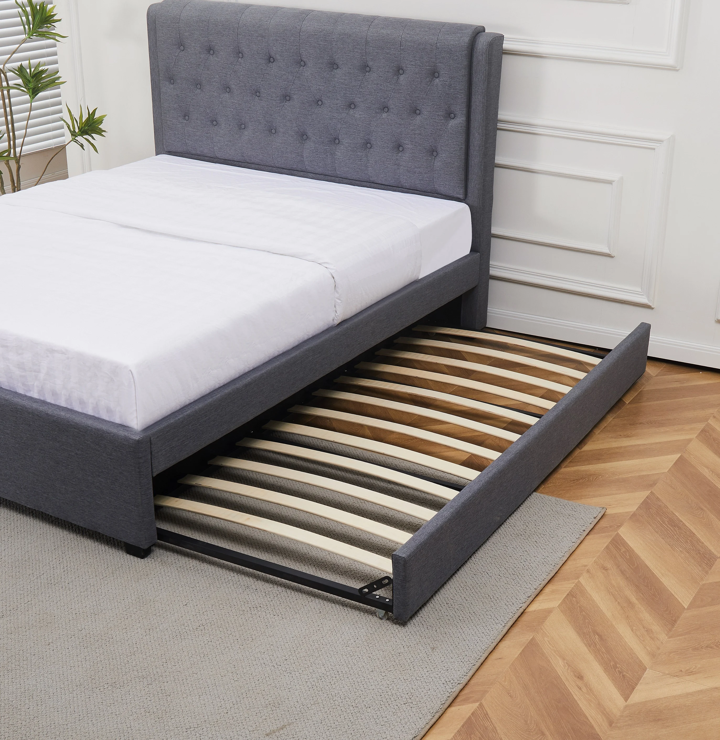 Modern Good Quality Dark Grey Linen Fabric Twin Single Bed Frame With Trundle Bottom Beds For Bedroom Furniture