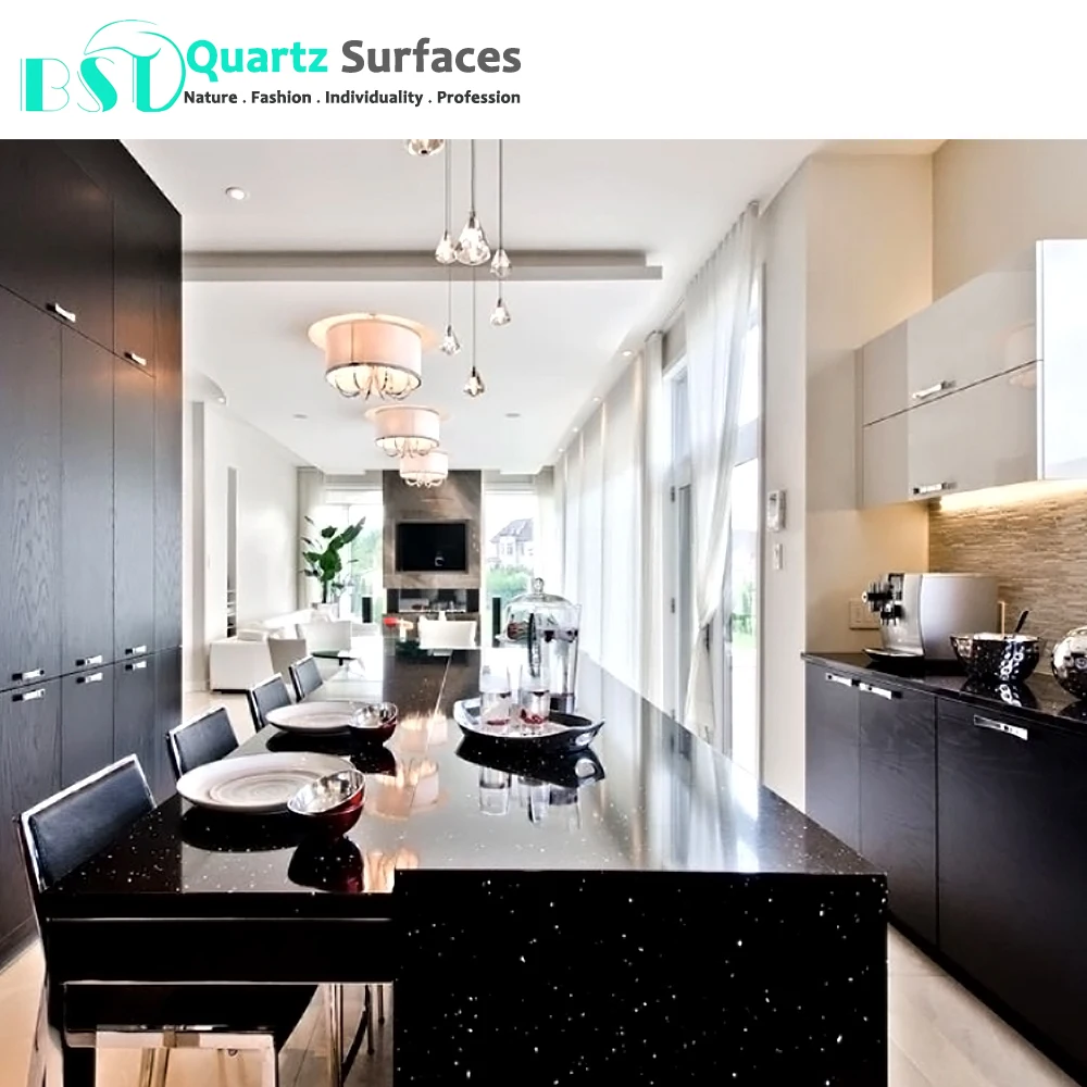 Sparkling Black Kitchen Quartz Stone Table Top stone Island Porcelain Polished Glazed Slab Kitchen Countertop