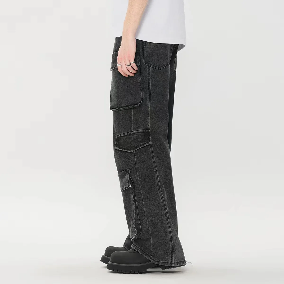 Custom Ready Made Cotton Poly Denim Cargo pants Washed  Wide Straight Leg Fit Jeans  With Multi Pockets In Black Vintage Washed