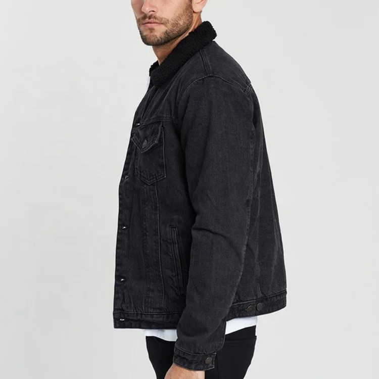 Men Black Custom Button Up Winter Warm Sherpa Fleece Denim Jacket