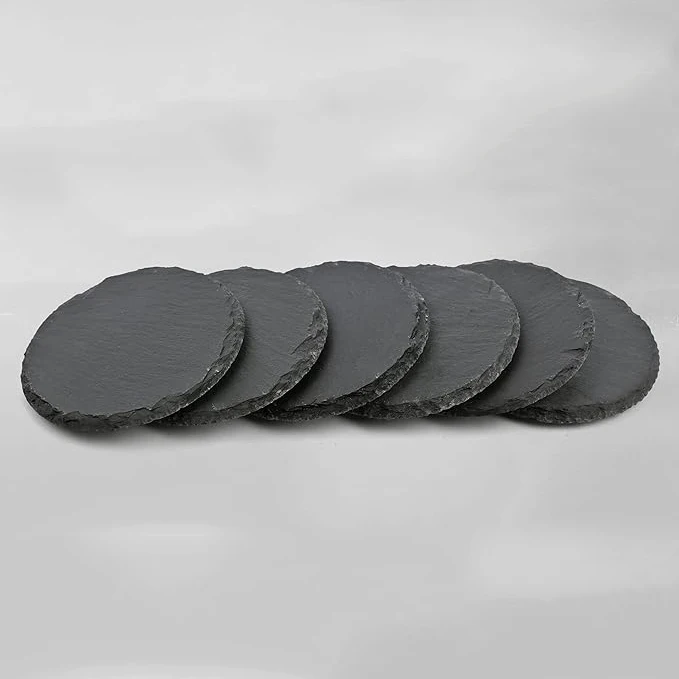 Custom 100% Natural round Slate Coaster Set with Bamboo Holder Bulk Wholesale Drinking Mats & Pads