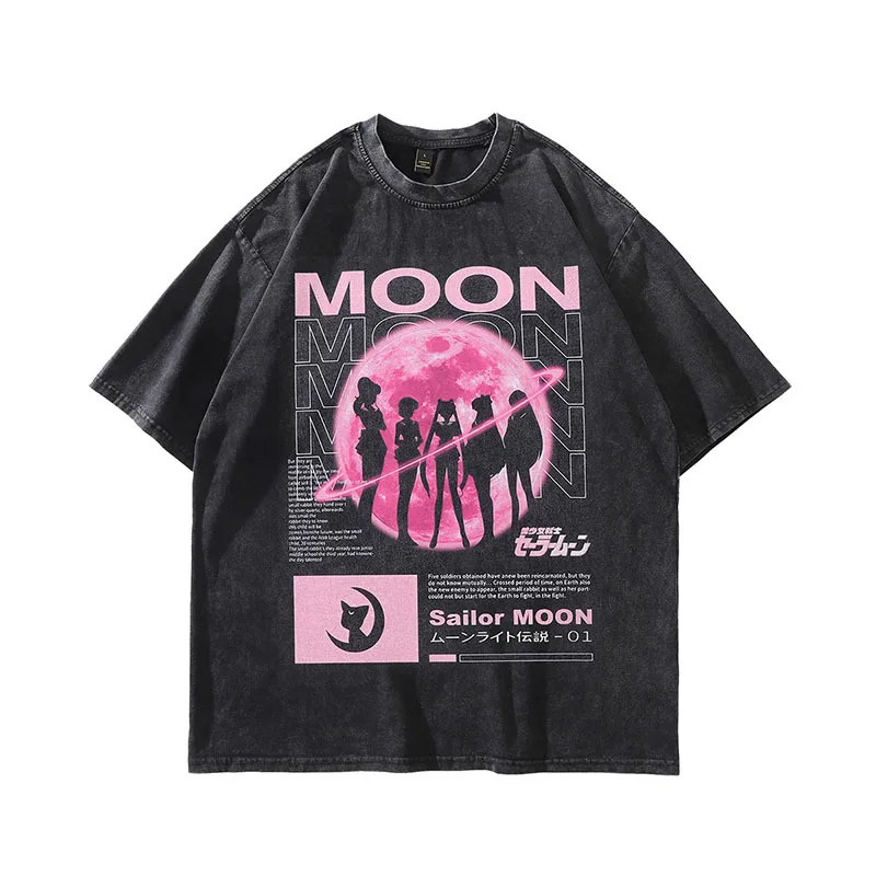 Street Style mens tshirts Wash Girl Cartoon Printed Loose Fit O-Neck Woven Fabric