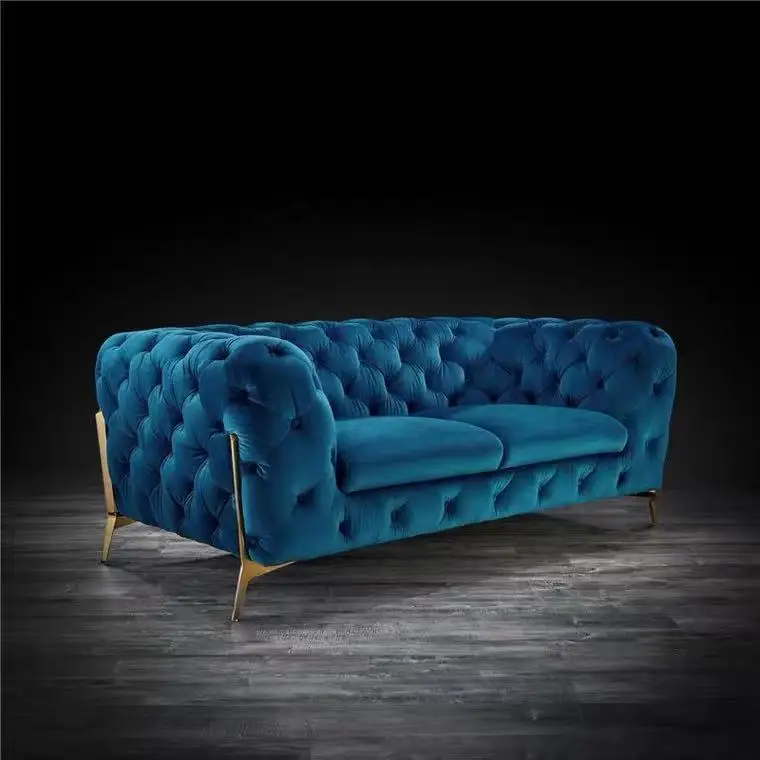 Upholstery Couch Lounge Blue Velvet Chesterfield Living room Sofa With Golden