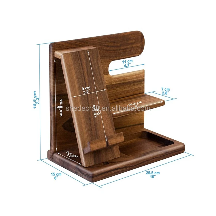 Natural walnut phone docking station key holder wallet watch organizer men gift husband wife tablet stand wood