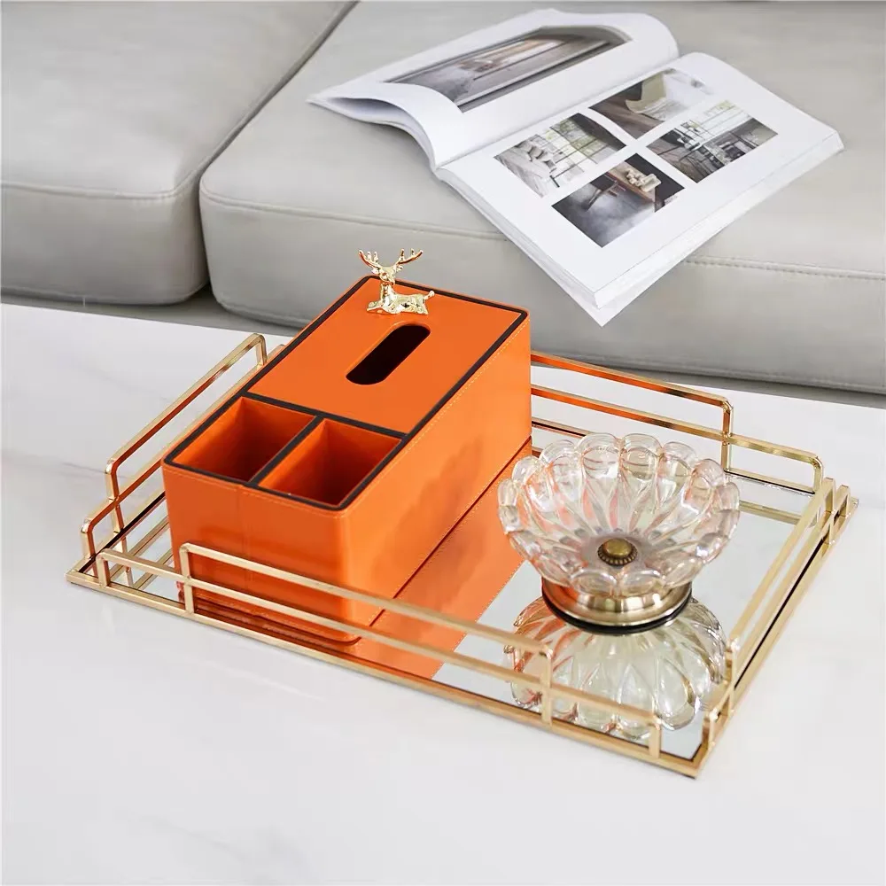 Wholesale Vanity Gold Metal Glass Mirror gift tray iron jewelry display trays for wedding