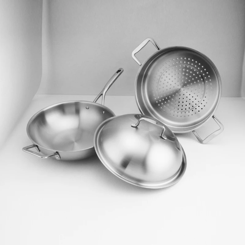 Big cooking wok dishwasher safe tri-ply big 28 30 32 36 38cm kitchen cookware cooking 304 stainless steel wok wth lid