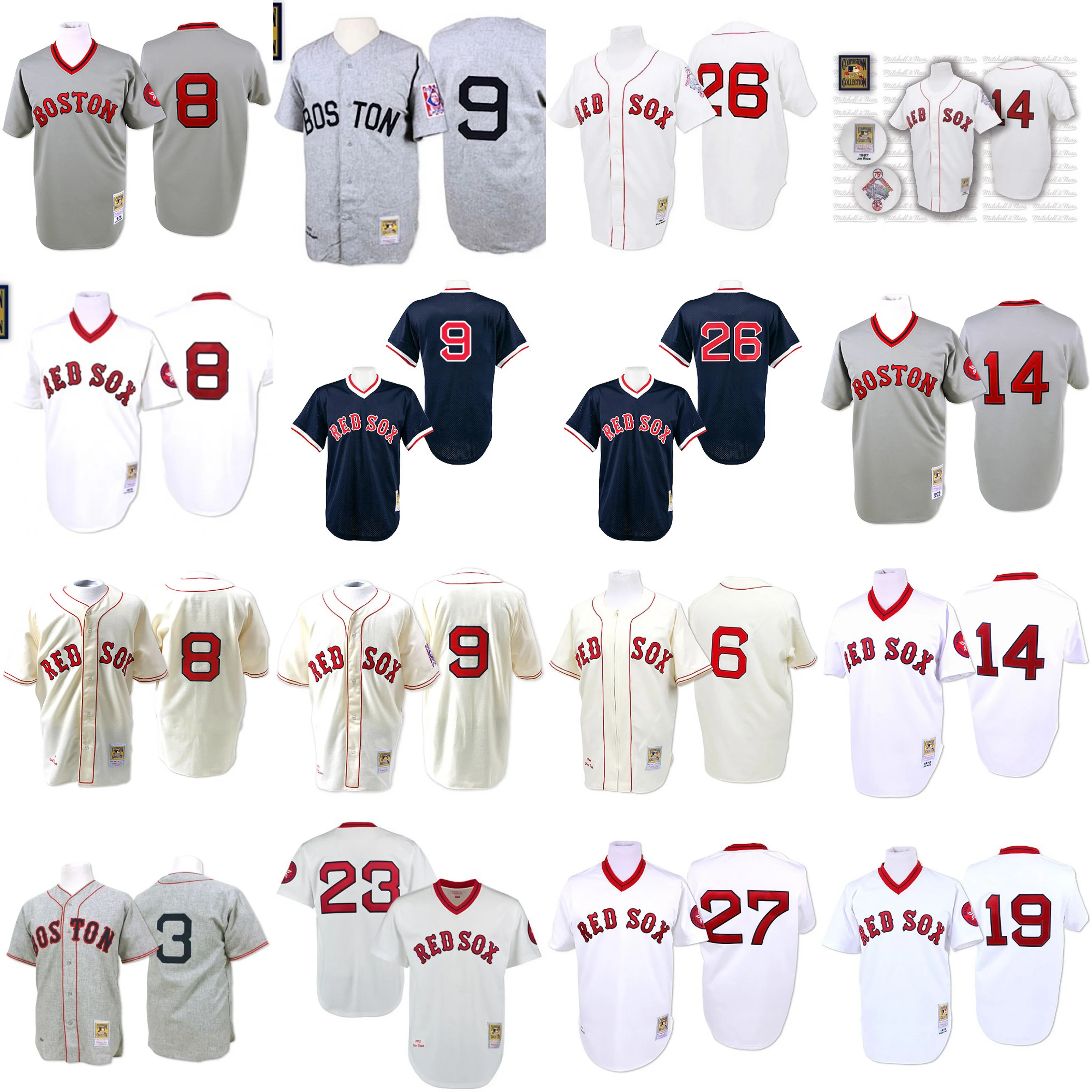 boston 3 Jimmie Foxx 9 Ted Williams red sox 8 Carl Yastrzemski 14 Jim Rice 23 Luis Tiant 26 Wade Boggs 27 Carlton Fisk