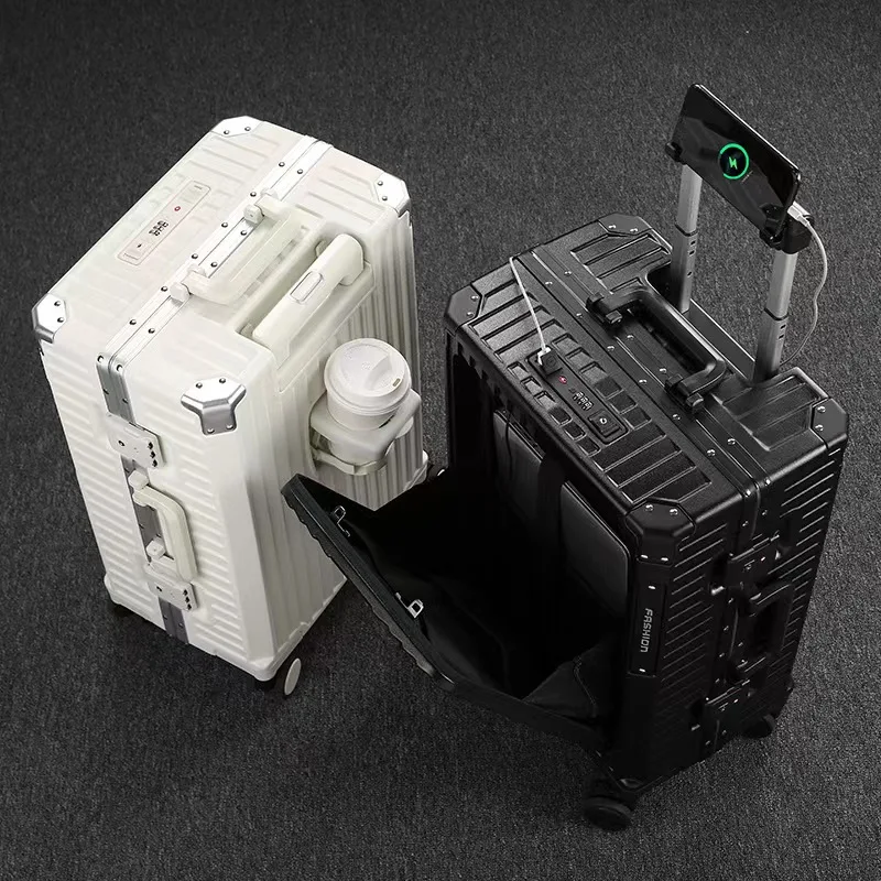 New style creative design  Front placket multifunction USB charging port business trip trolley suitcase fashion boarding luggage